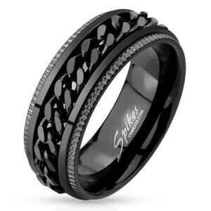 Black IP Grooved Edge Center Chain Stainless Steel Spinner Ring‎ Size 13